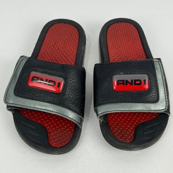 And 1 Kids Slippers Size 1-2 Black Red Open Round Toe Flat Heel Hook Loop - Picture 5 of 6